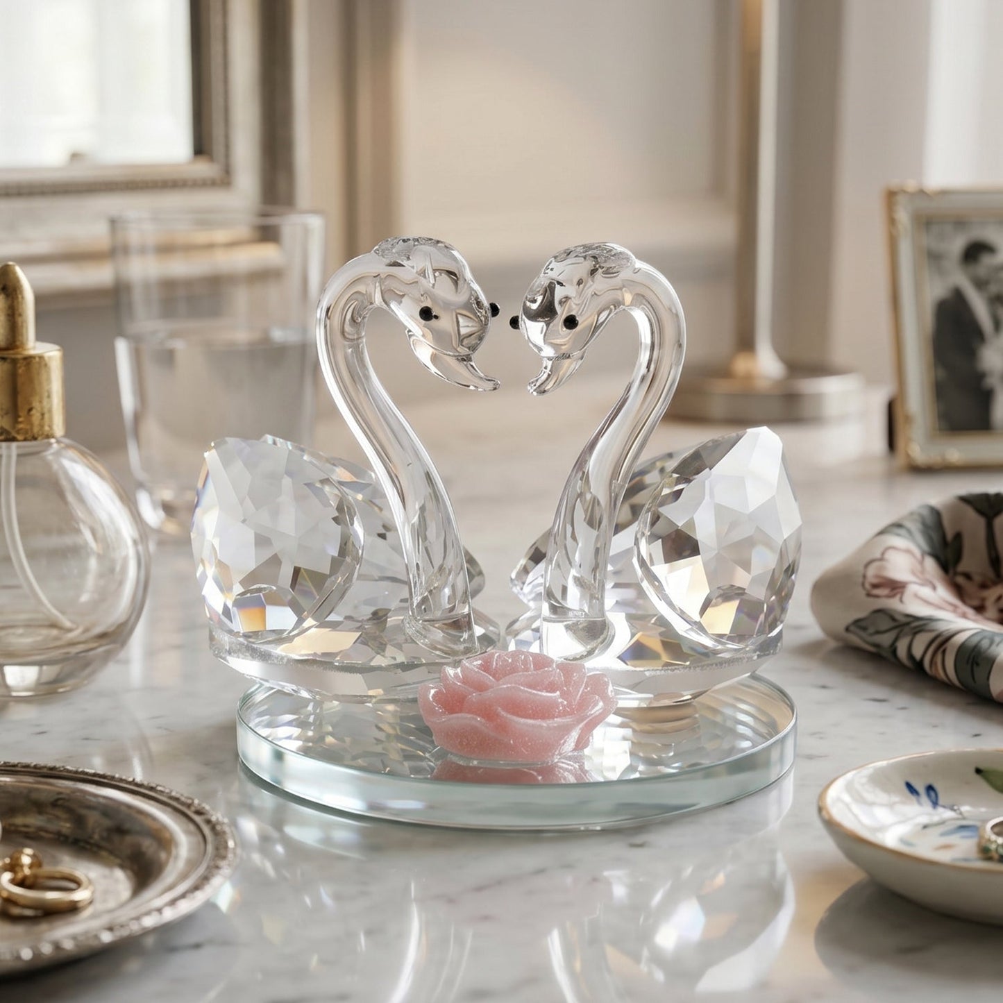 Close-up of faceted crystal swan pair reflecting light