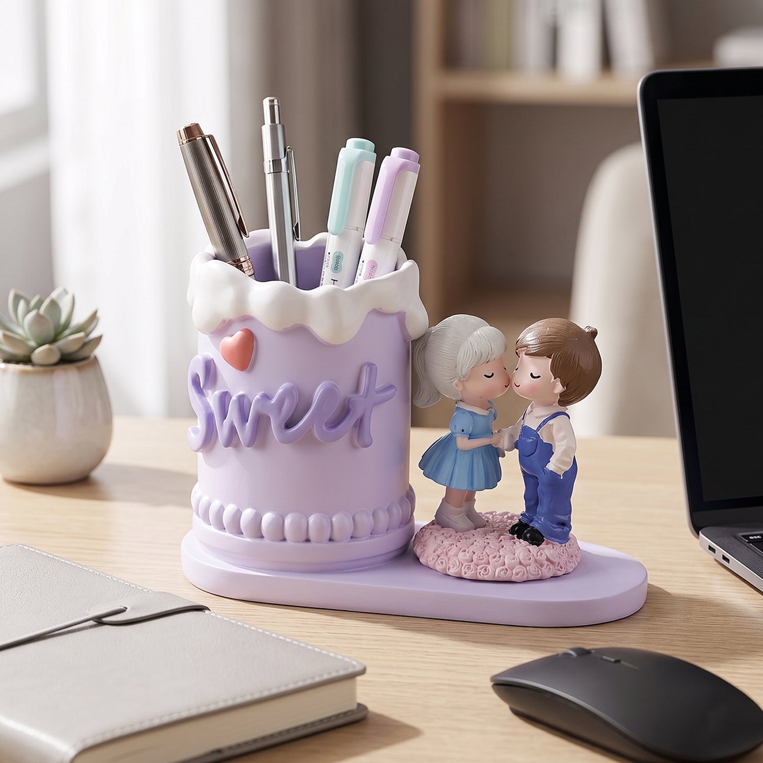 Cute resin pen holder & desk organizer in purple finish