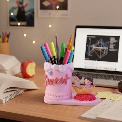 Cute couple desk organizer holding pens and pencils