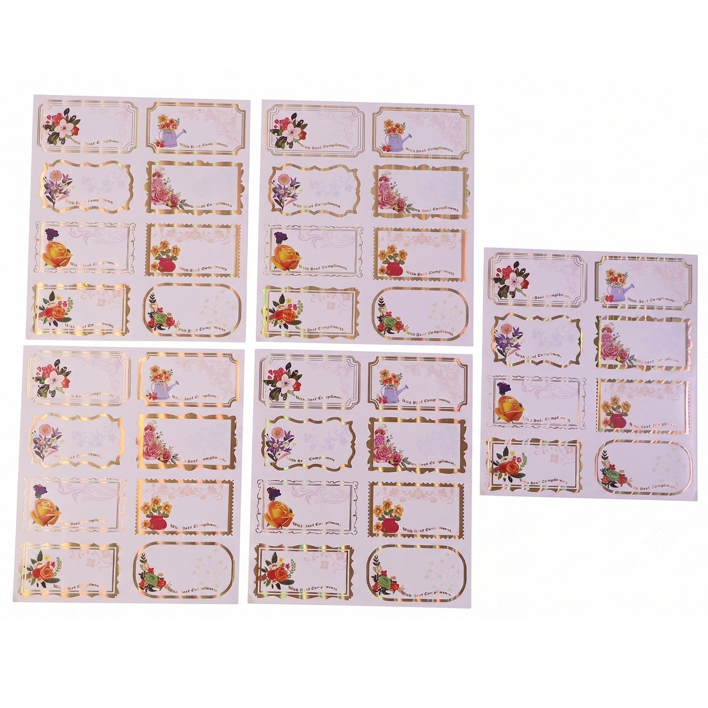 White gift tag stickers with floral gold foil accents on gift box
