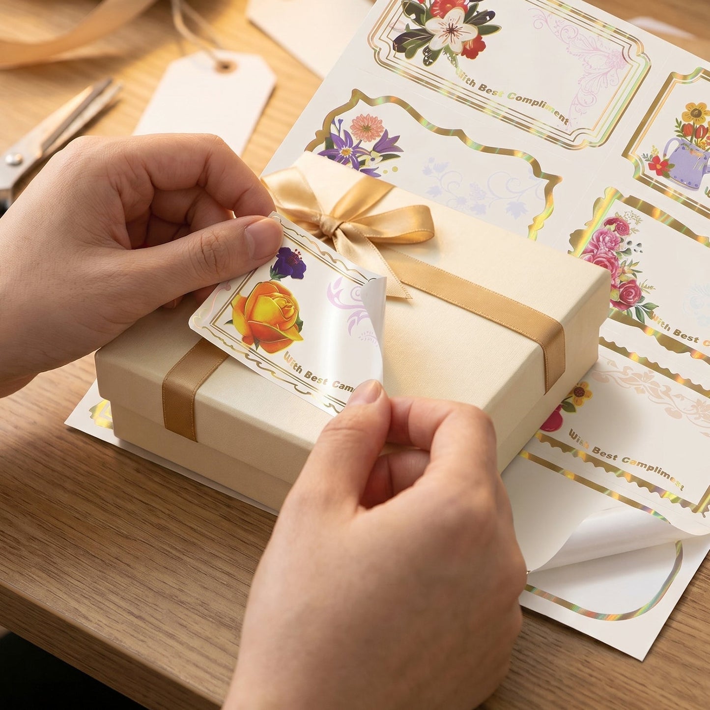 Gift tags with floral foil design for present decoration
