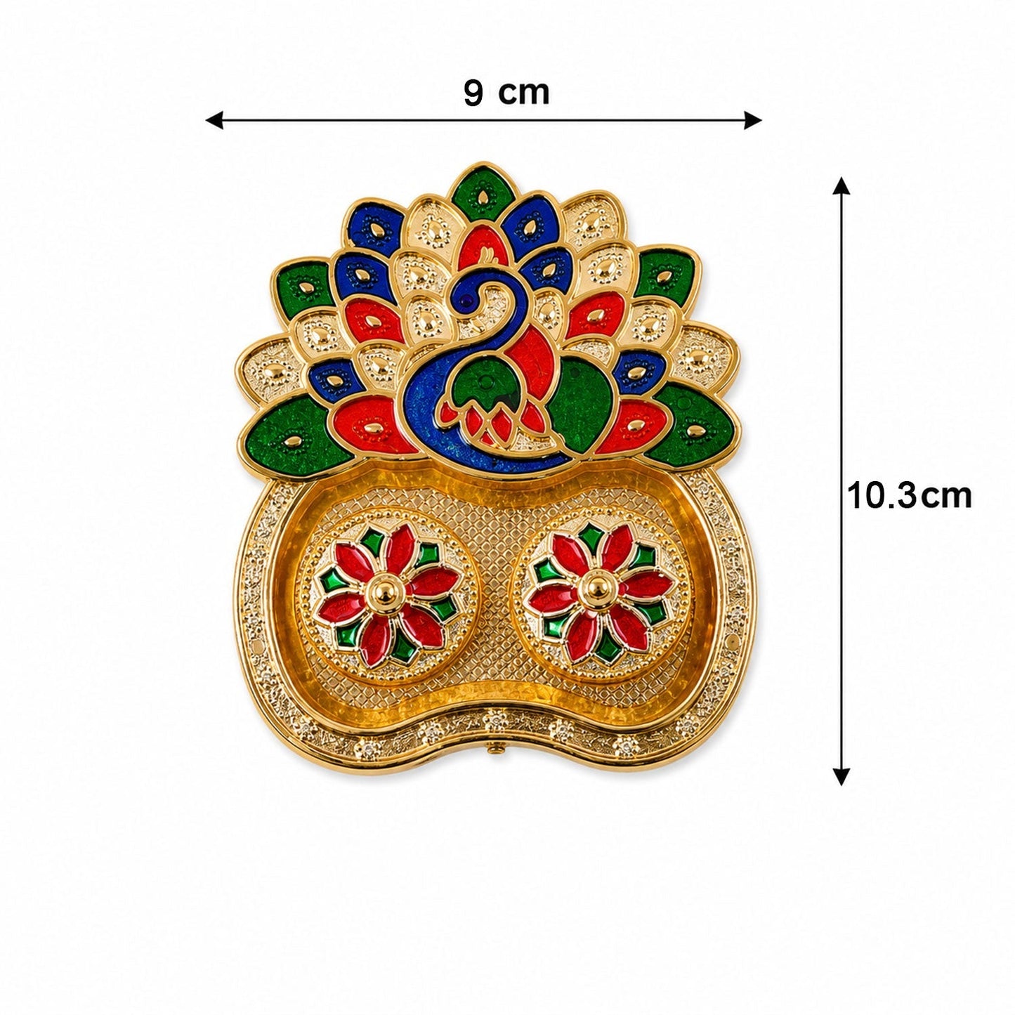 Size guide for peacock-shaped kumkum holder