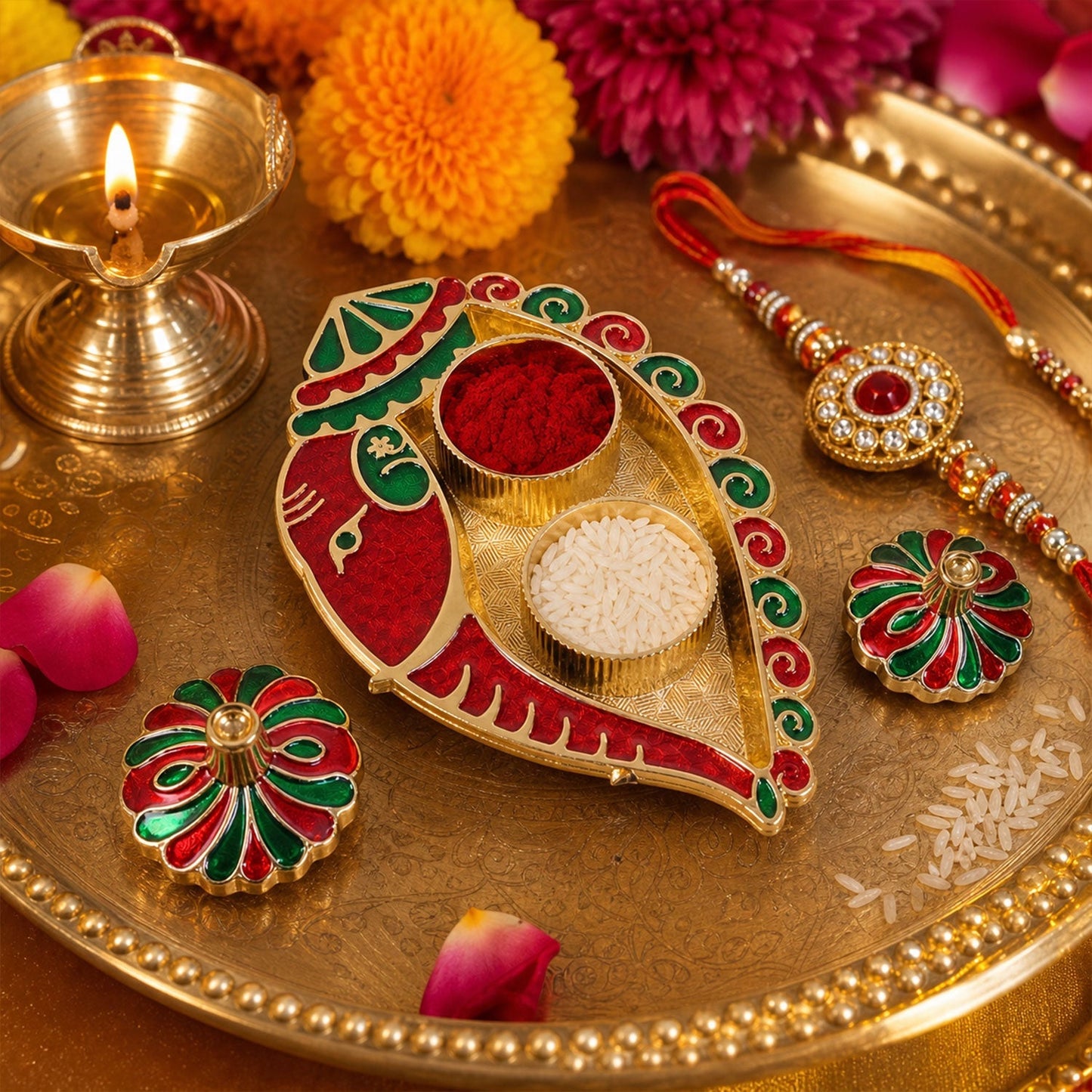 Leaf shaped kumkum holder with twin compartments and enamel work