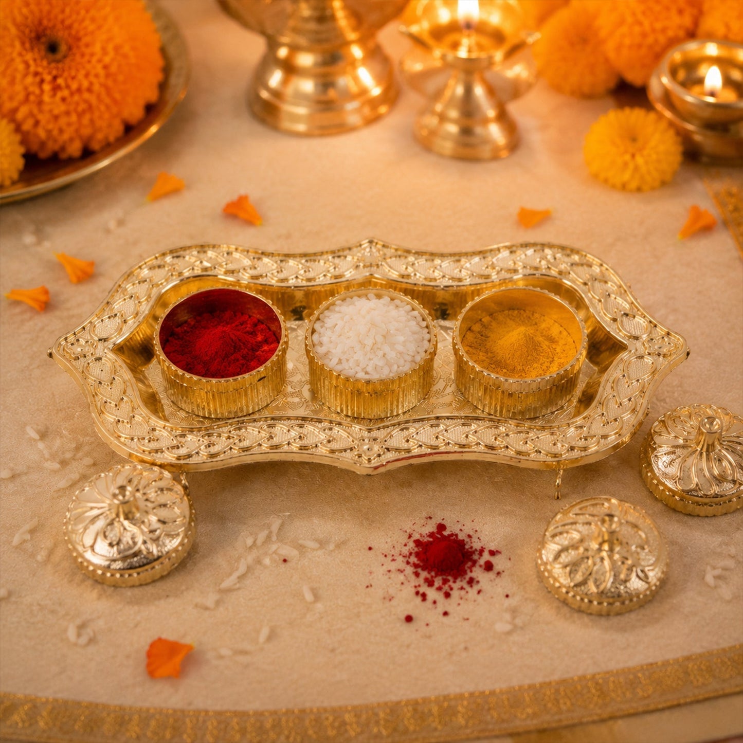 Detailed golden craftsmanship on the Triveni Kumkum Holder.