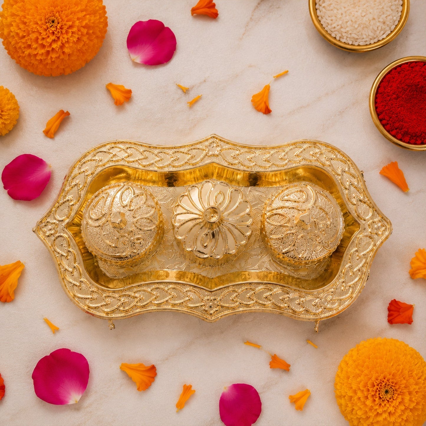 Top view showing the three-bowl design of the Kankavati.
