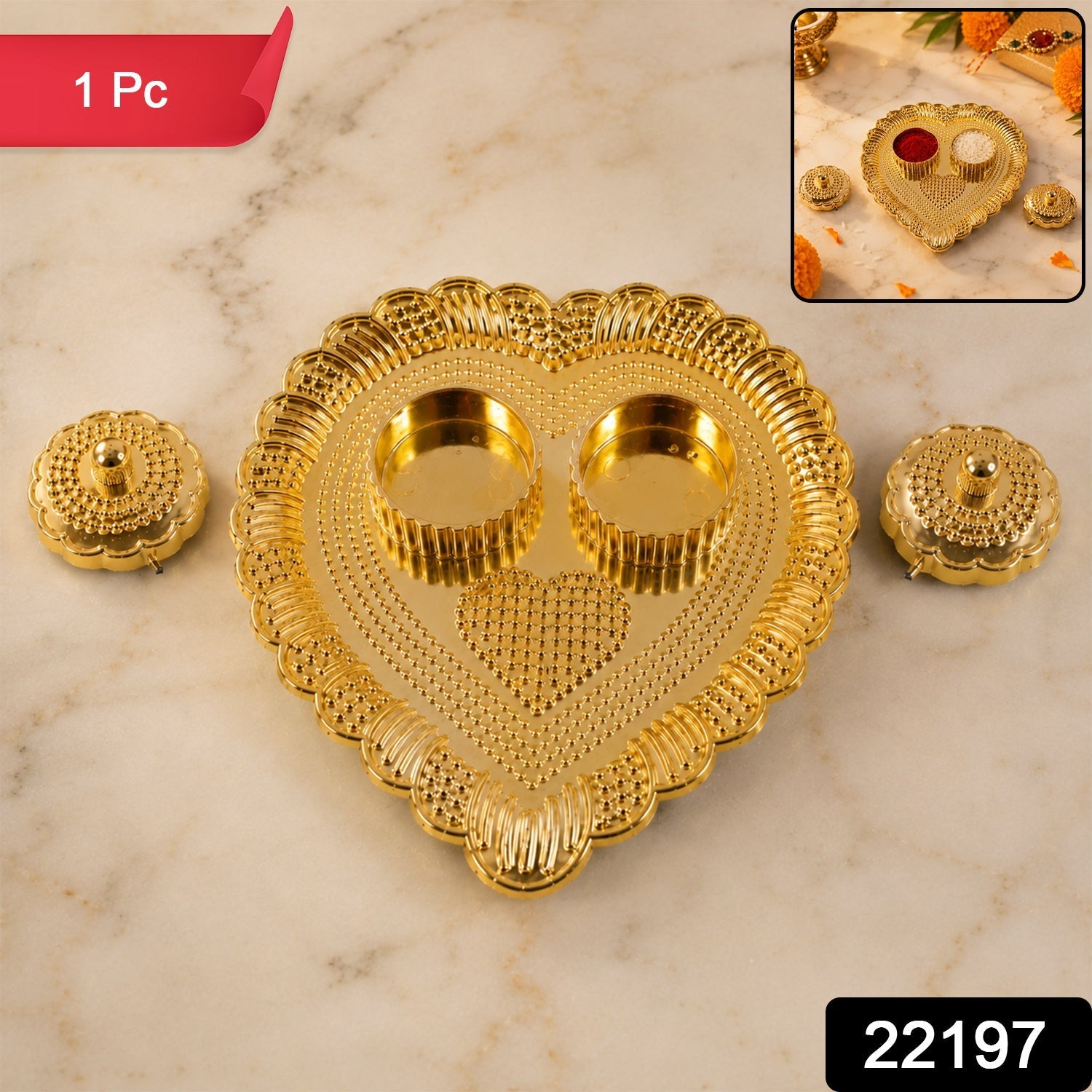 Elegant kumkum holder pack with twin compartments and beaded gold finish