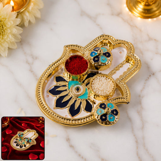 Decorative hand-shaped kumkum holder with enamel detailing for puja