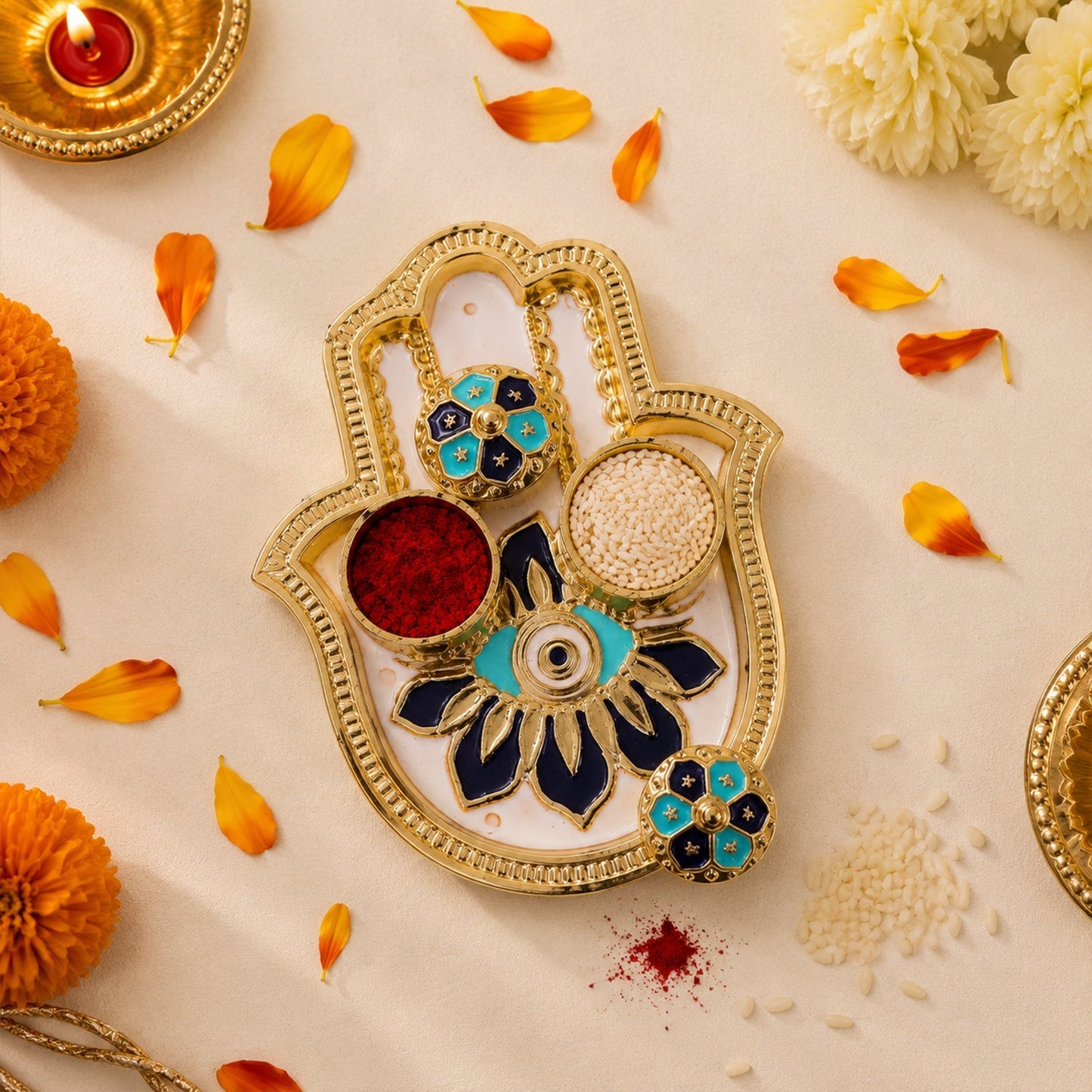 Kumkum holder for puja with detailed enamel work and twin compartments