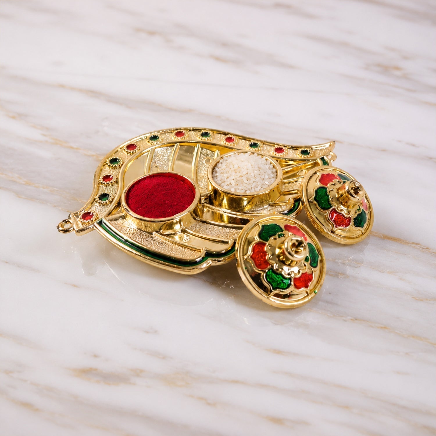 Detailed view of mango kumkum holder