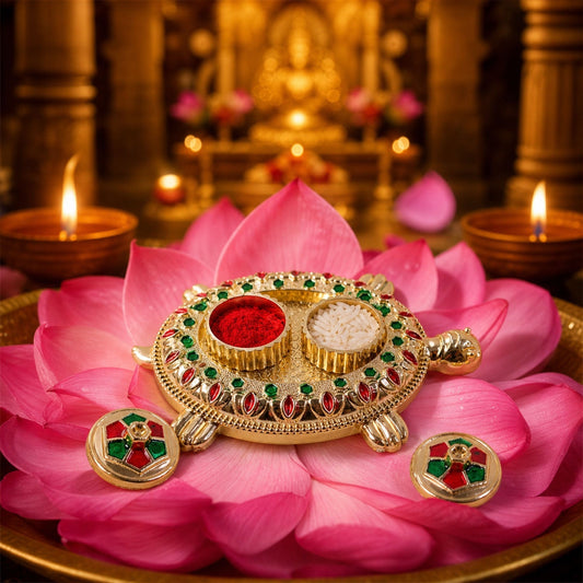 Decorative tortoise-shaped kumkum holder with jewel work
