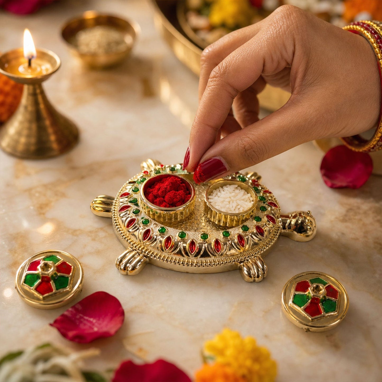 Kumkum holder for puja with tilak design