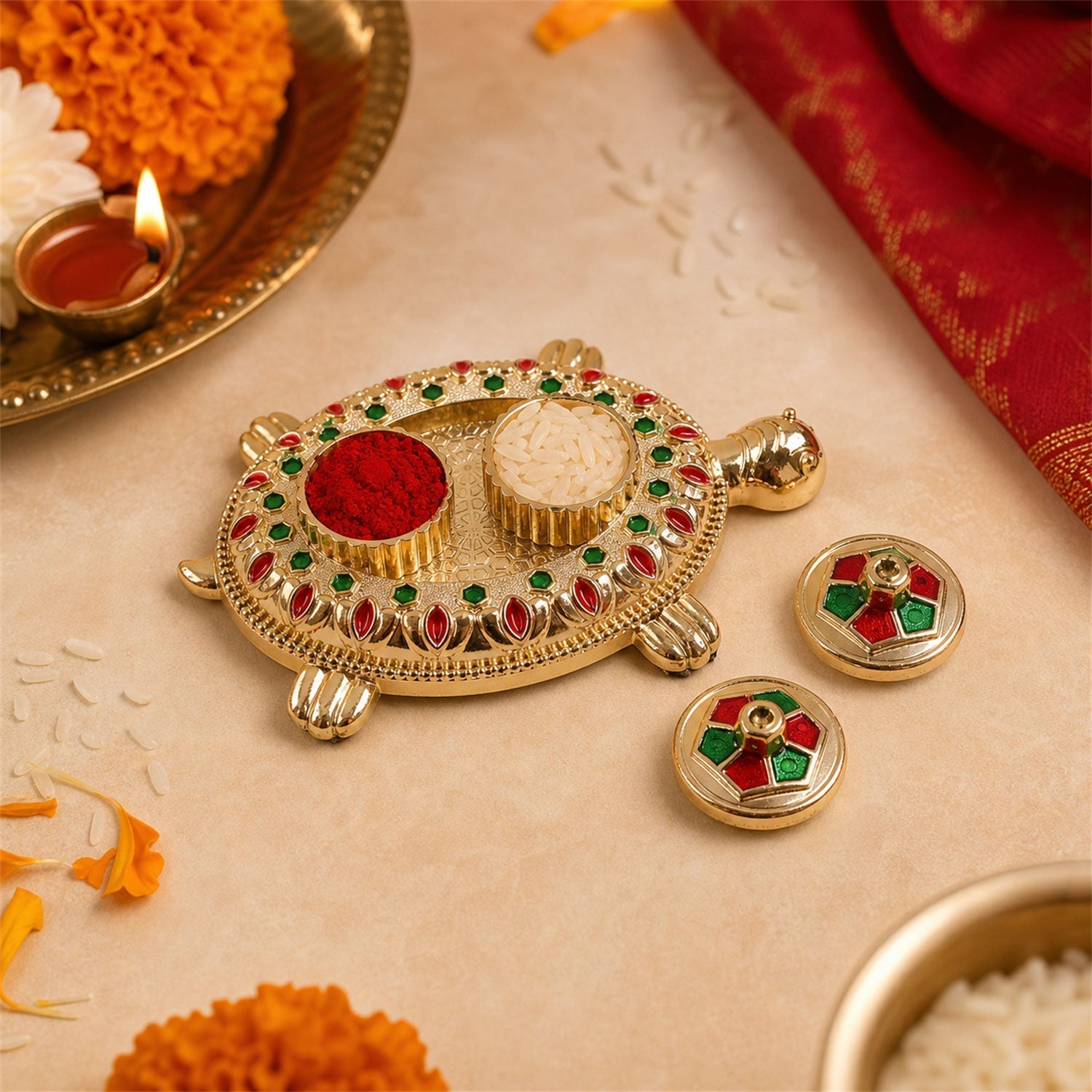 Detail of tortoise kumkum holder showing jewel adornments