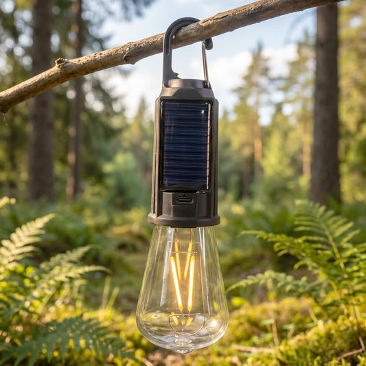 Solar & Type-C rechargeable camping lamp with vintage LED bulb for outdoor use