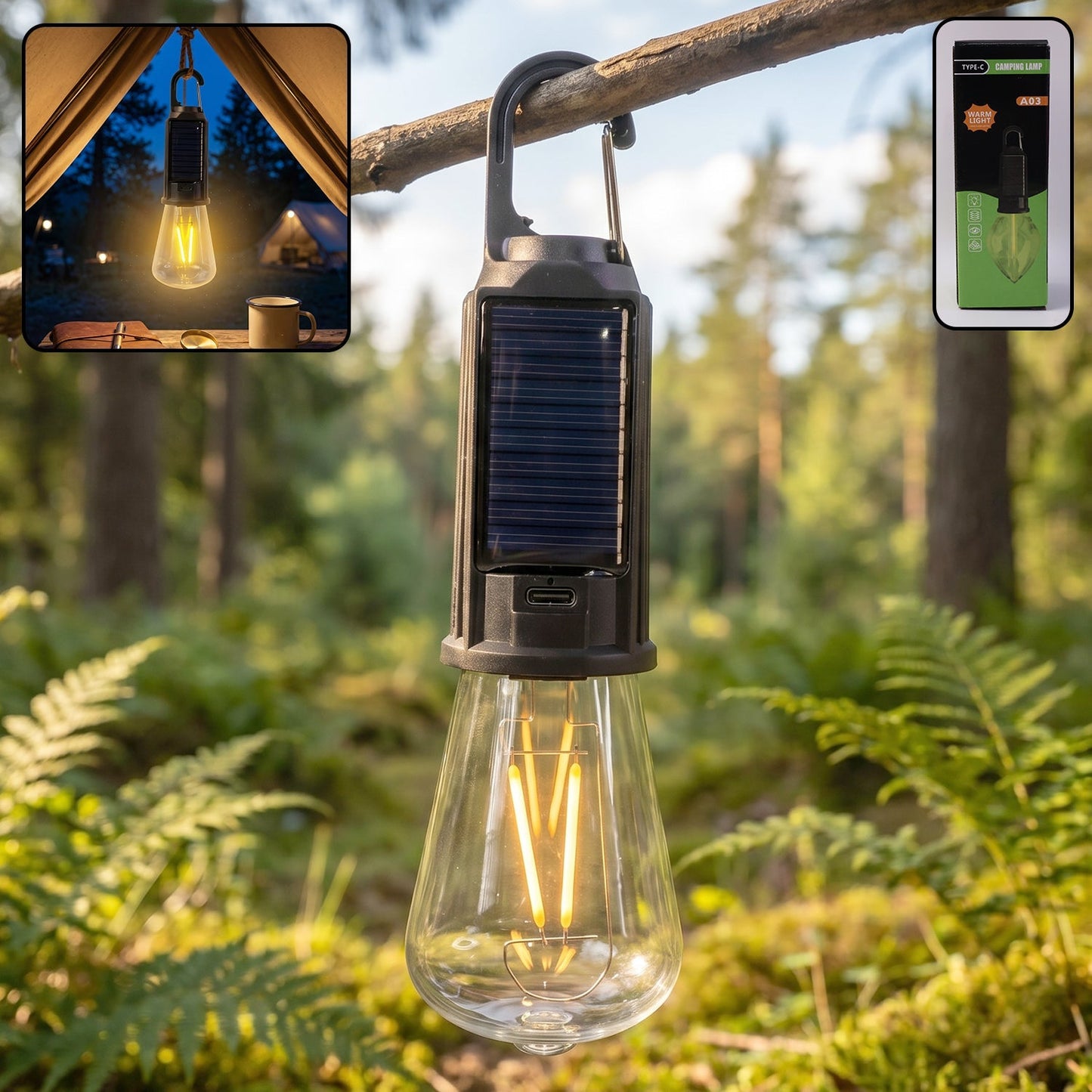 Vintage warm LED filament bulb in camping lamp
