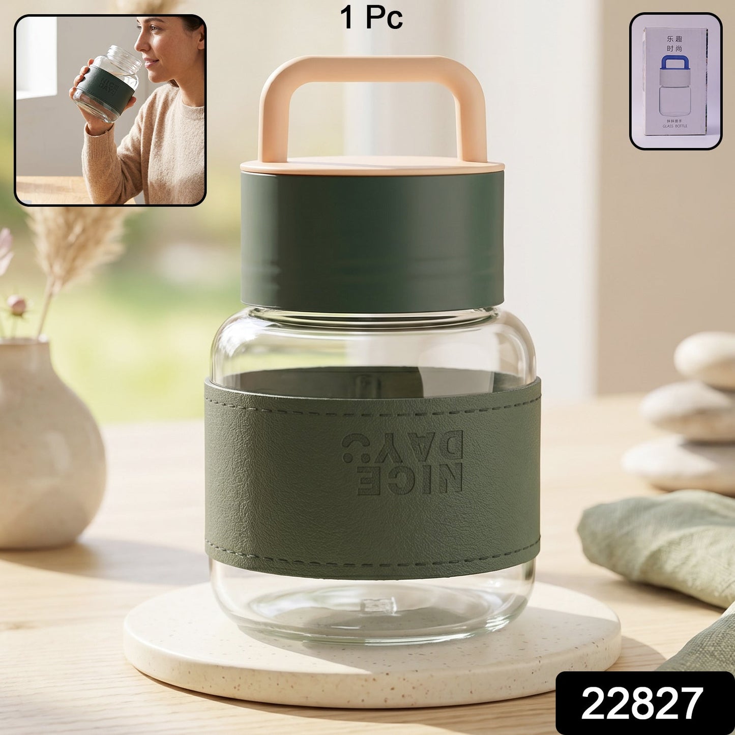 Pack of glass water bottles with leather sleeves for travel and office use