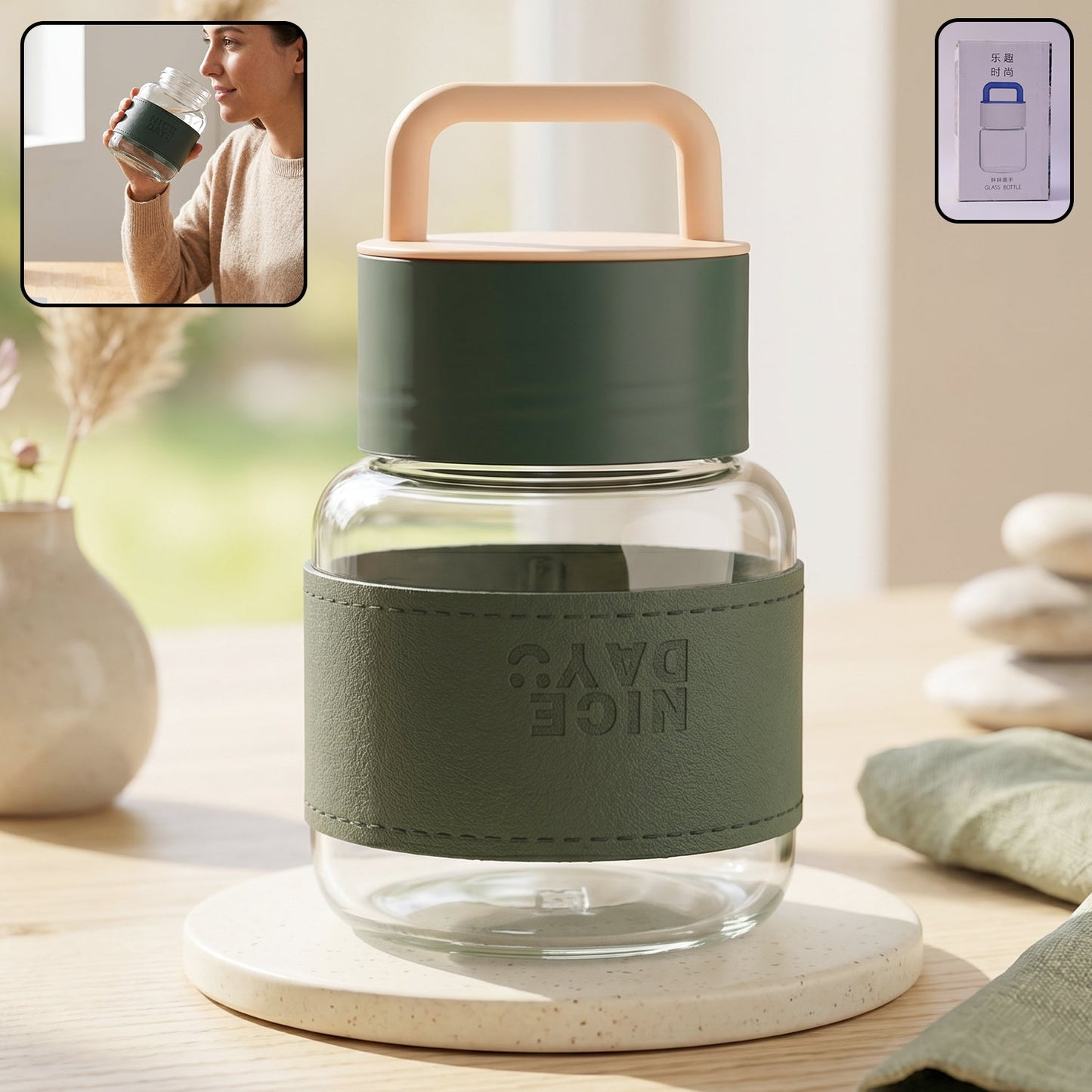 Glass bottle designed for office and travel hydration, with wide mouth