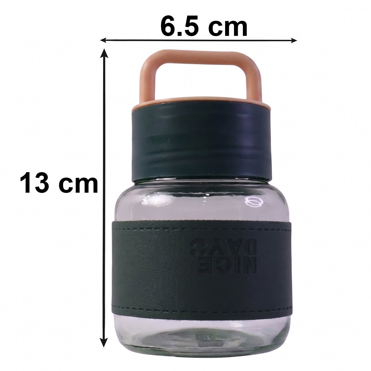 Size guide for glass water bottles showing dimensions
