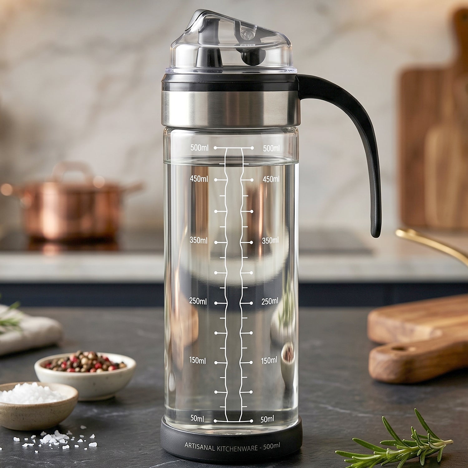 Glass oil dispenser bottle with handle and flip lid for kitchen