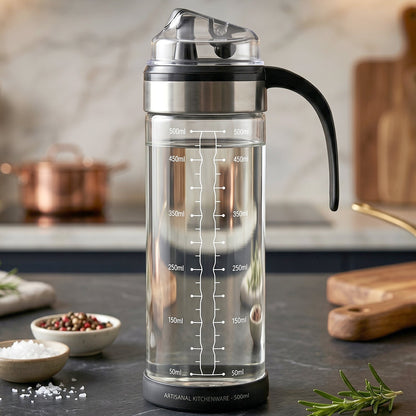 Glass oil dispenser bottle with handle and flip lid for kitchen