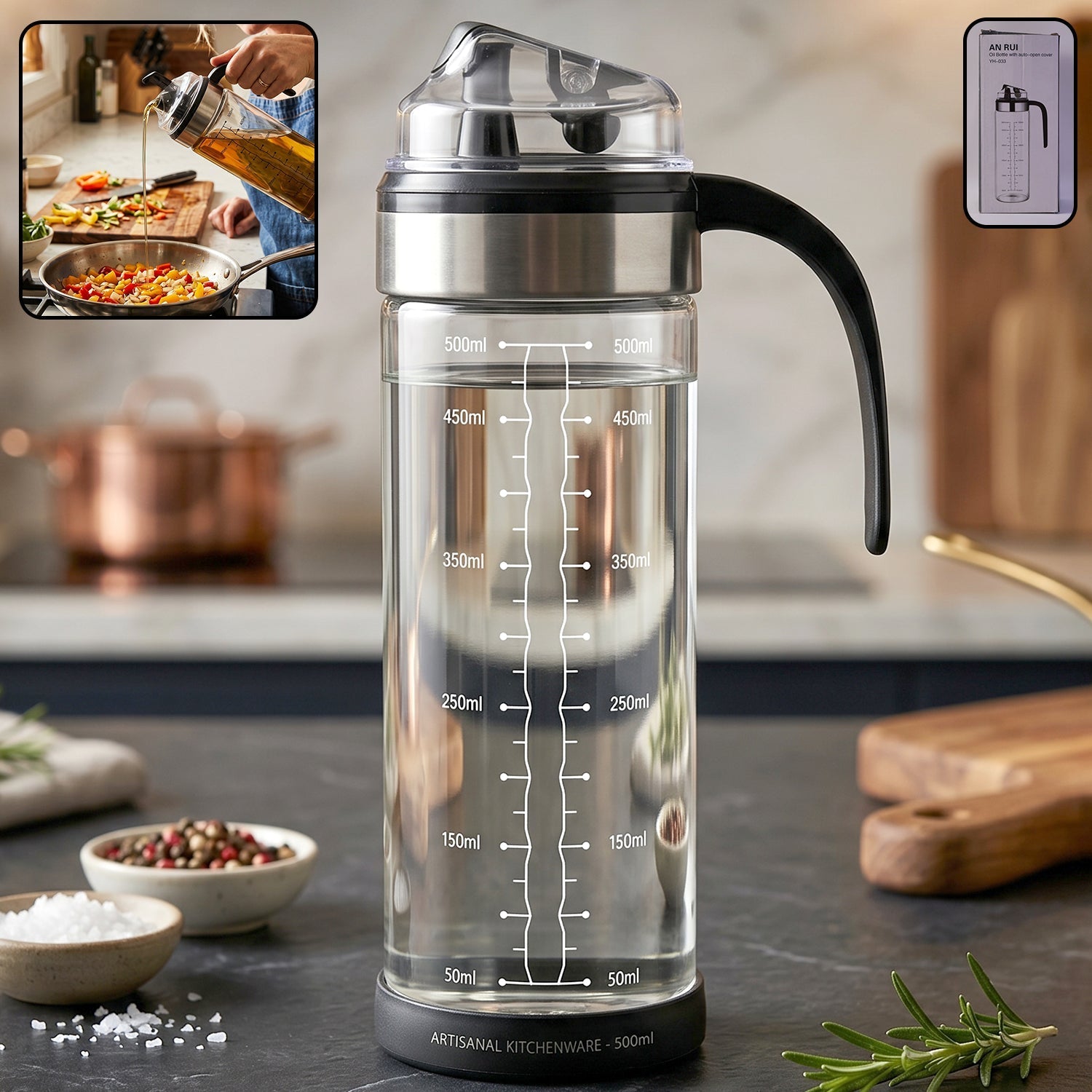Kitchen use of auto flip lid oil dispenser bottle