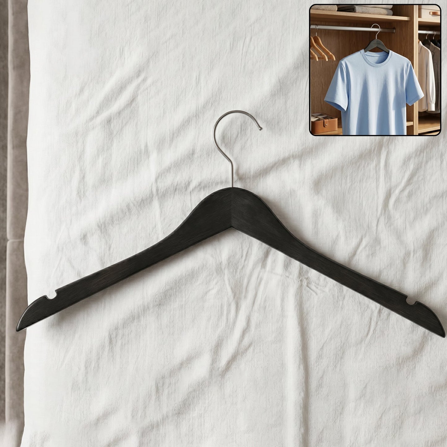 Premium cloth hanger with metal hook, supports shirts and coats