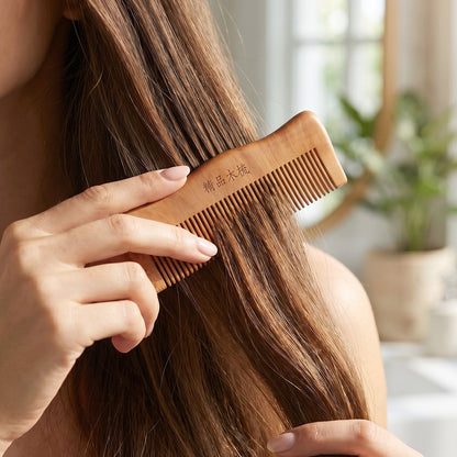 Wooden comb being used for hair styling and detangling