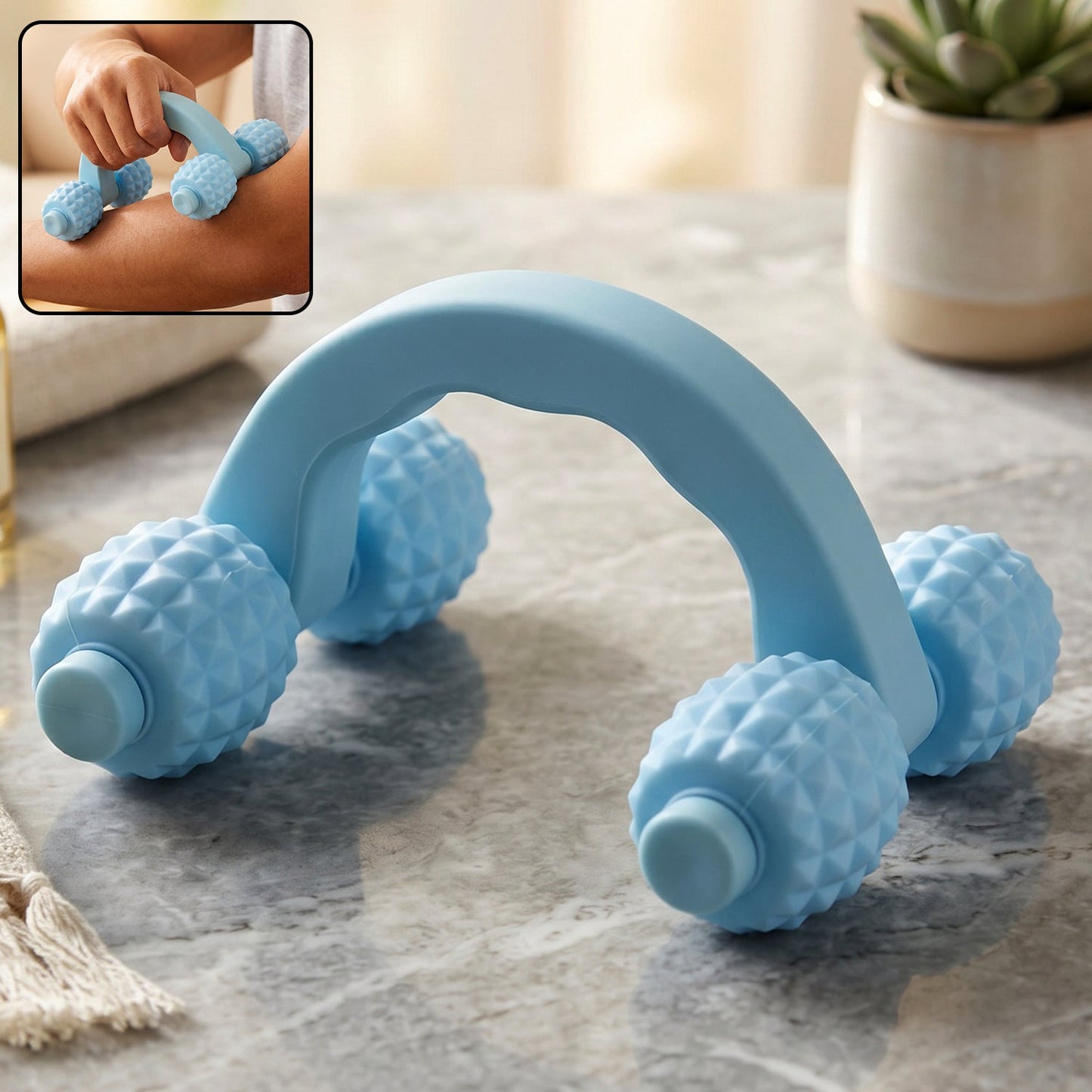 Ergonomic handheld body massager for relaxing arm muscles.