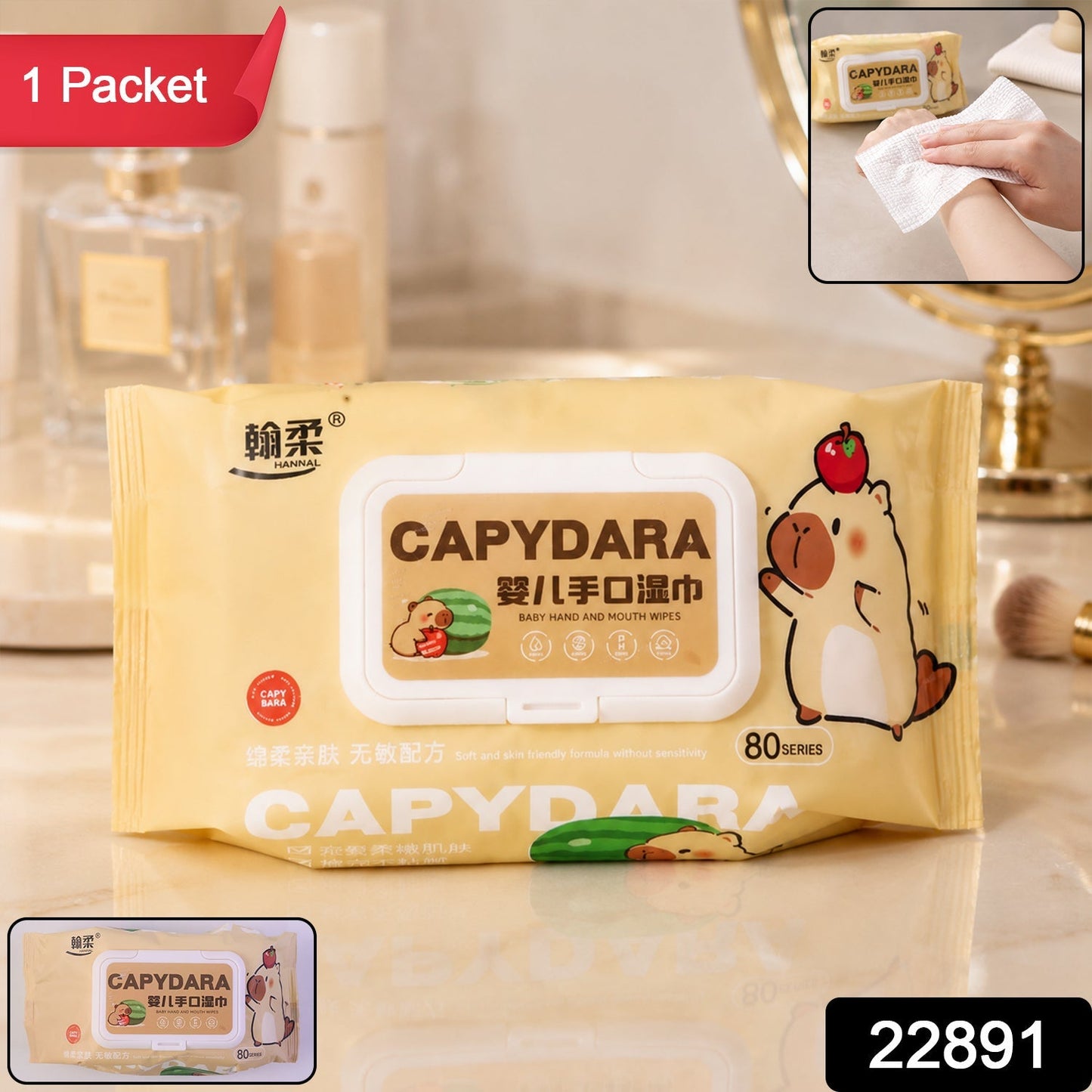 80 moist wipes with flip-top lid for convenience and freshness