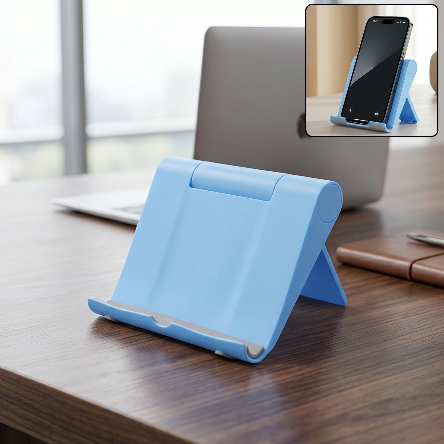 Phone stand on a desk during video calls.