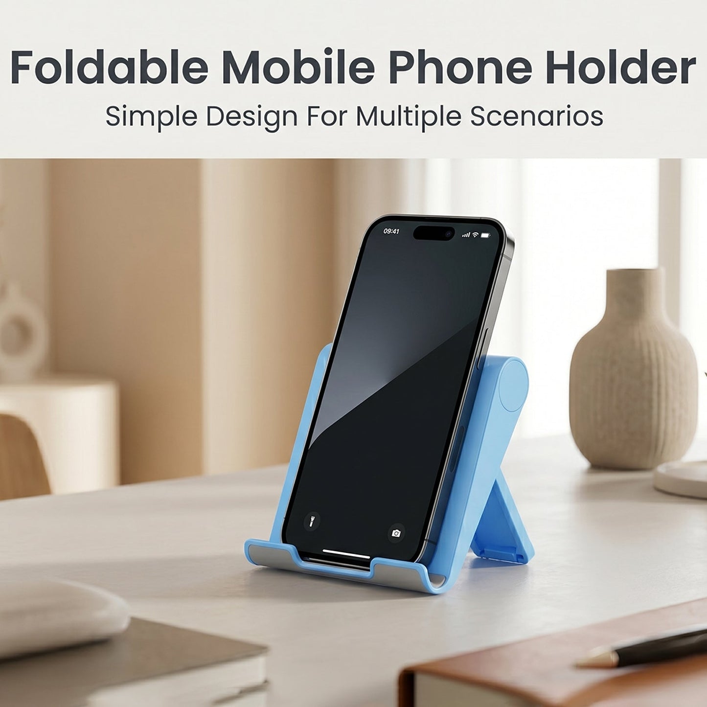 Foldable phone stand with adjustable design on a desk.