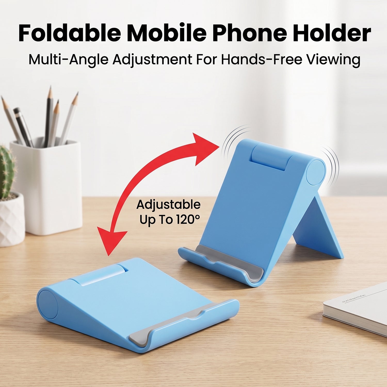 Adjustable plastic phone stand on a desk.