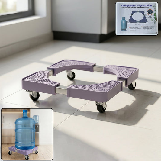 Adjustable washing machine stand with wheels showing mobility feature