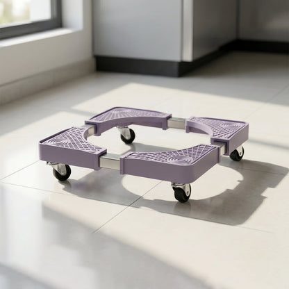 Stand under refrigerator demonstrating adjustable size