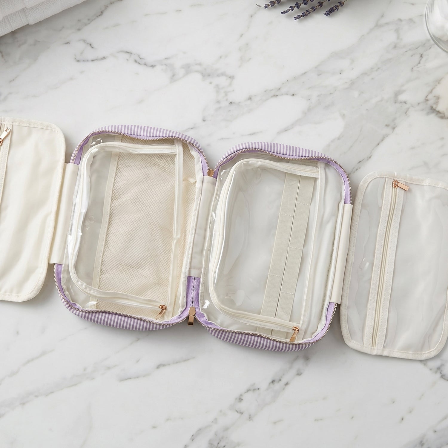 Hanging makeup organizer with stylish striped design