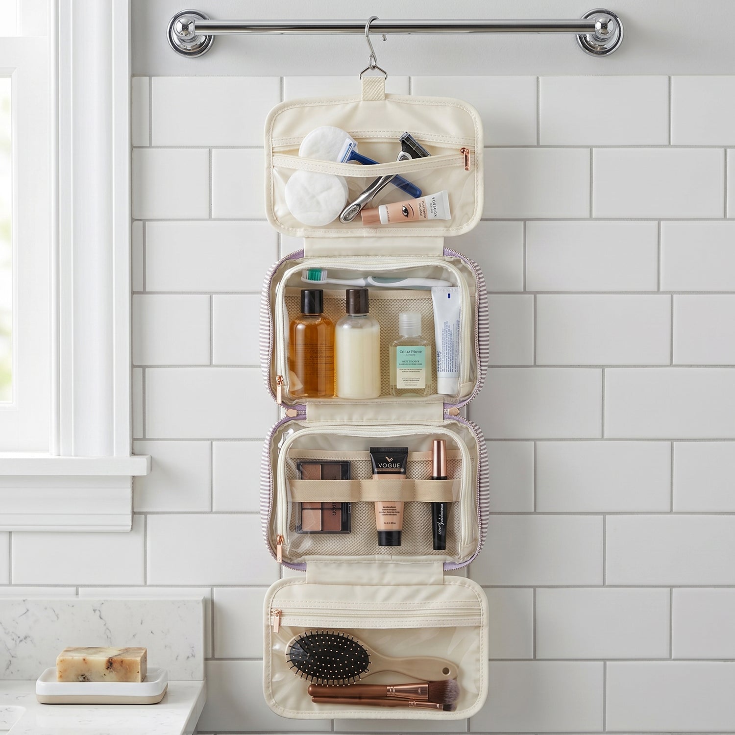 Close-up of internal compartments of toiletry pouch