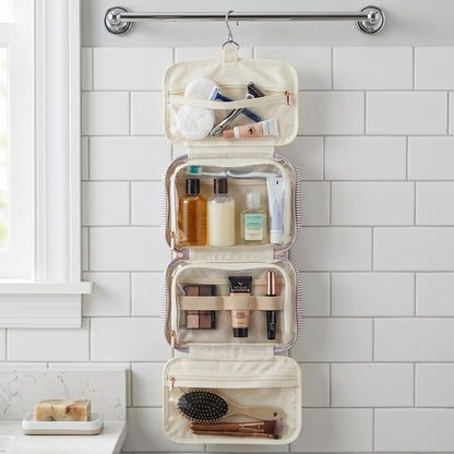 Close-up of internal compartments of toiletry pouch