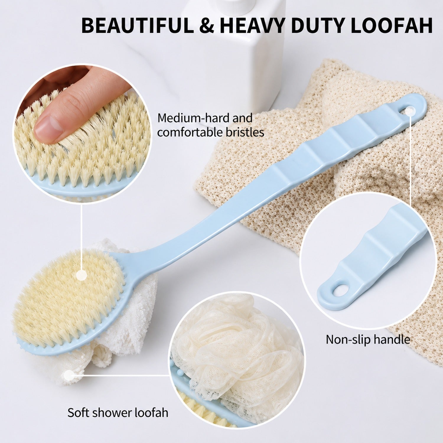 Long handle bath brush showing size and design