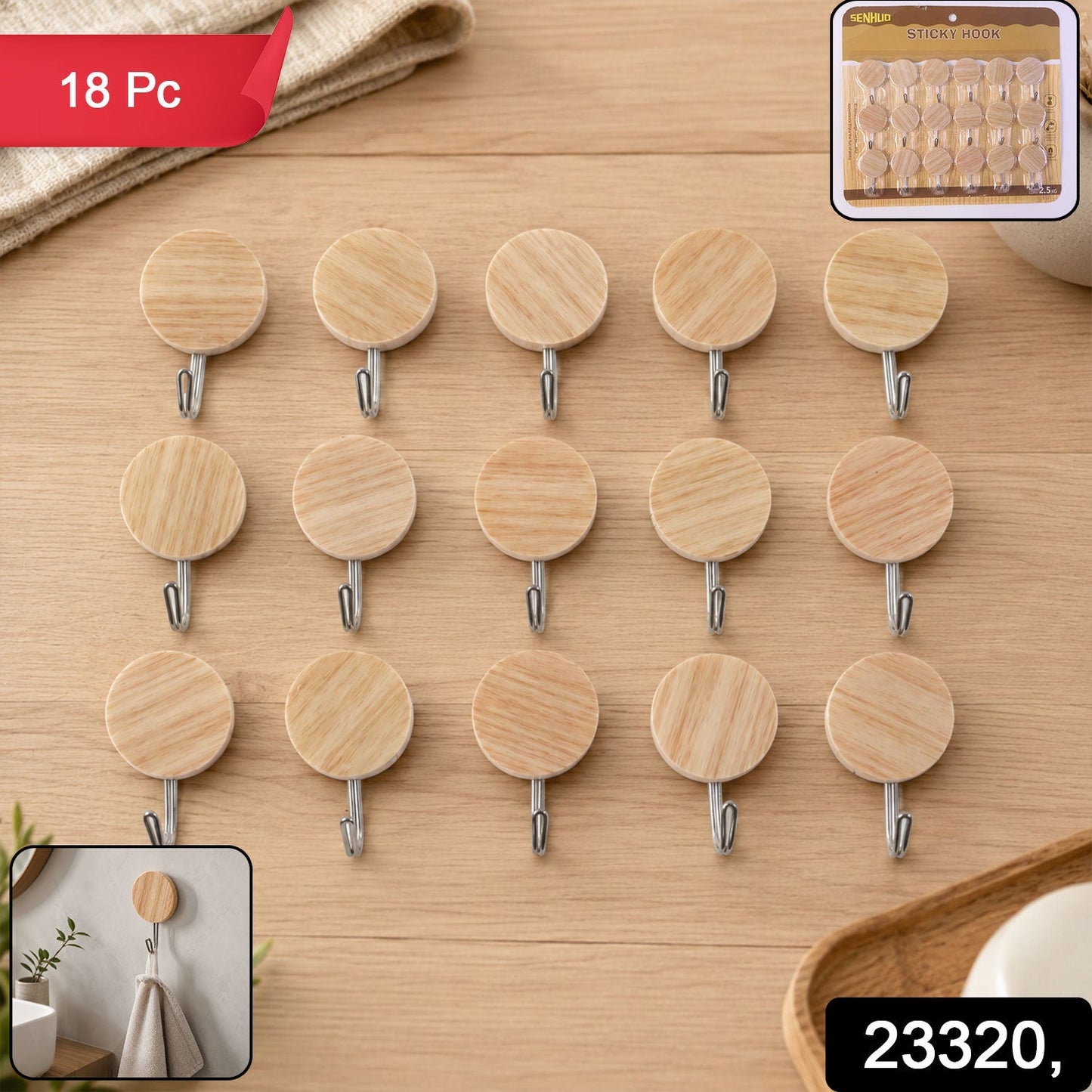 Stylish wooden look wall hooks 18 pack