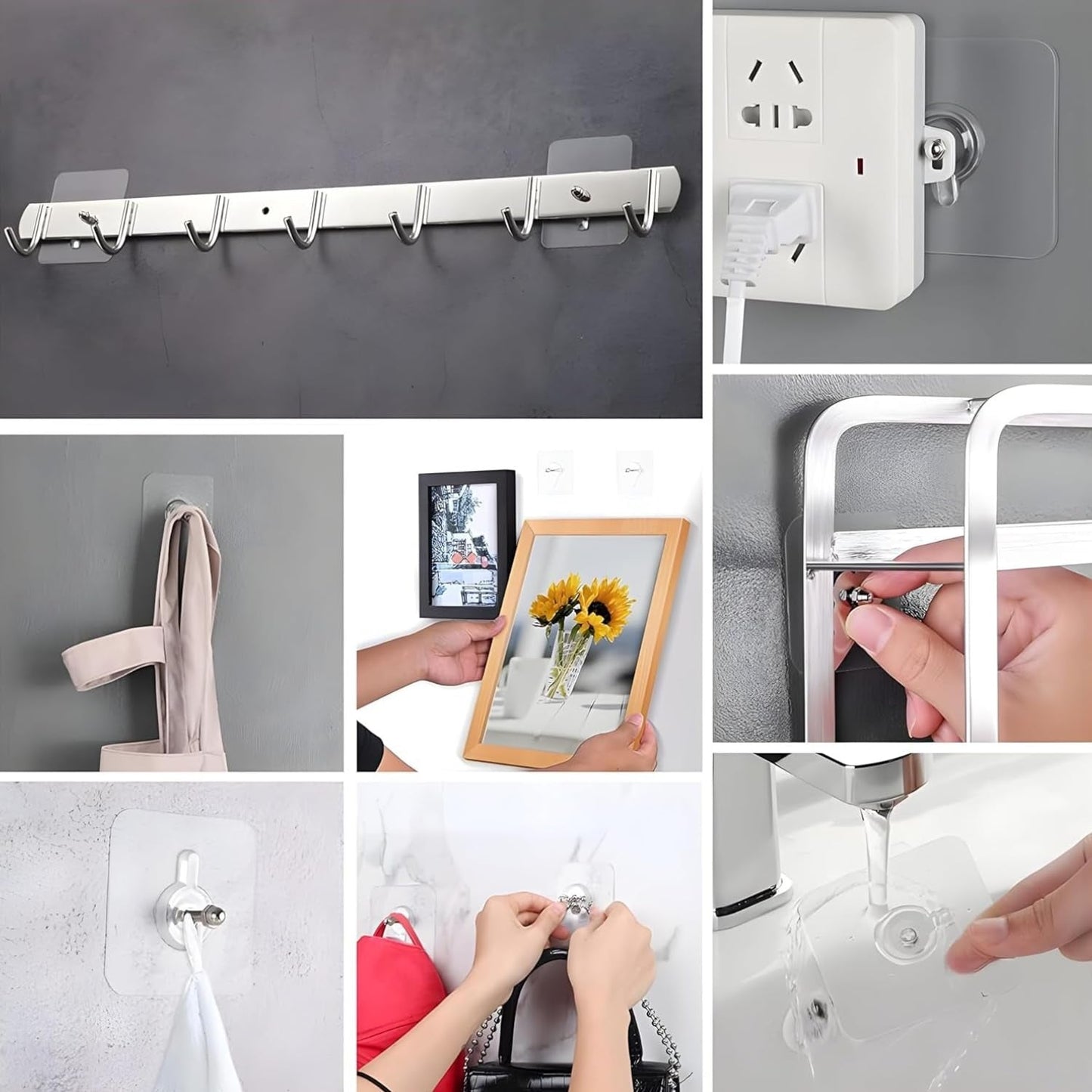 Adhesive hook mounting a clock on wall in home setting