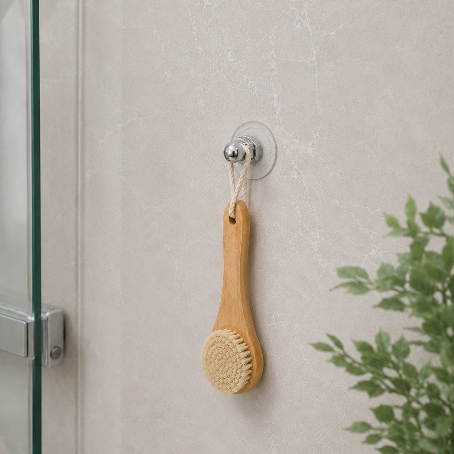 Bathroom essentials organized with wall hooks