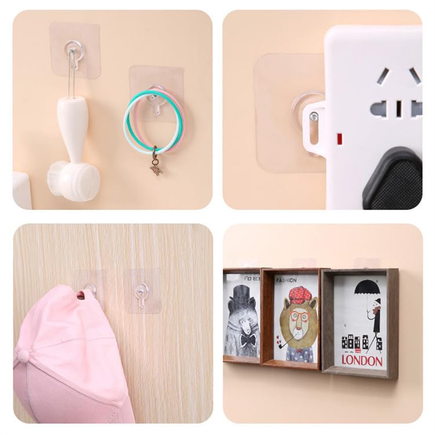 Kitchen brush and towel hanging on transparent wall hook