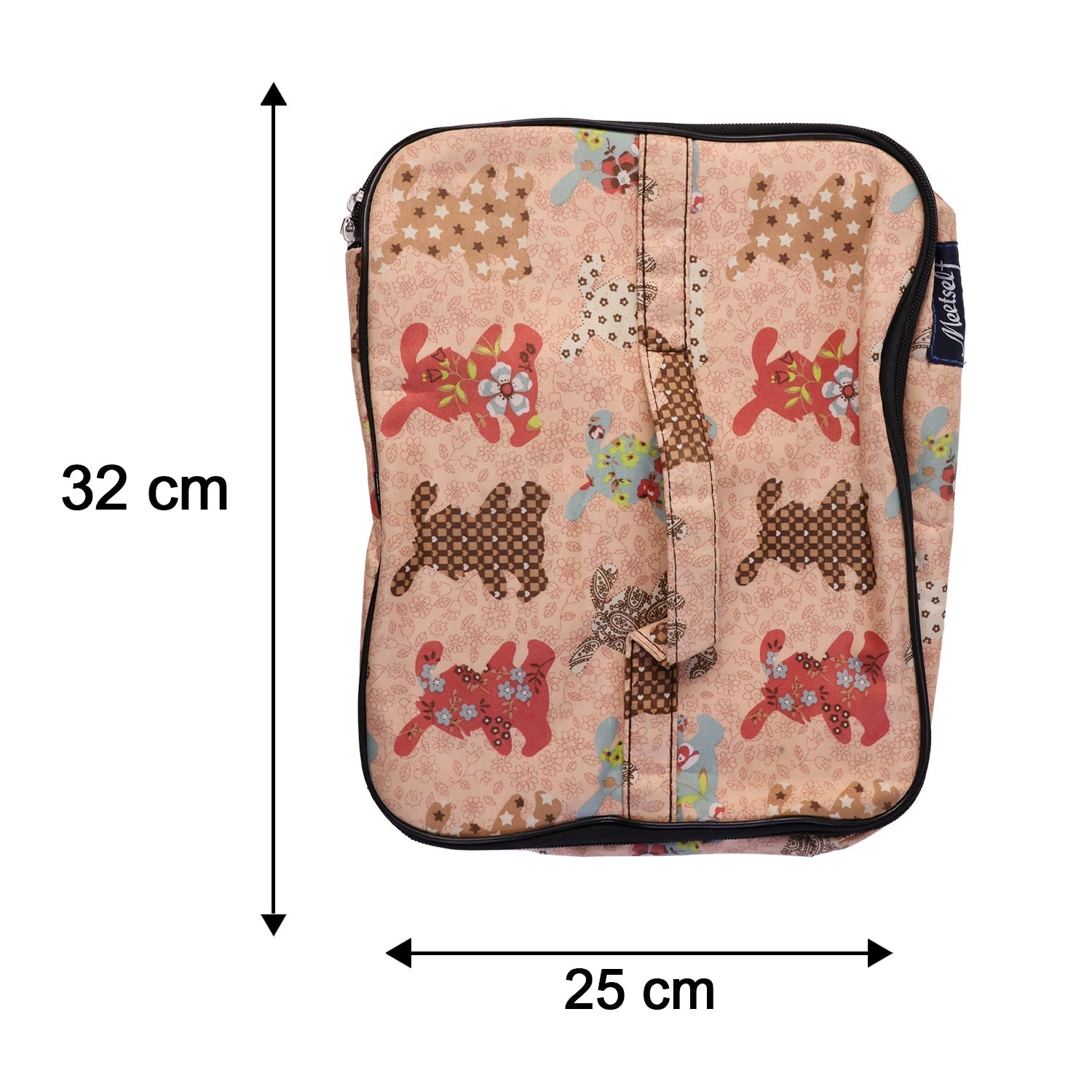 Diagram showing dimensions of the travel pouch: 33x27x3 cm.