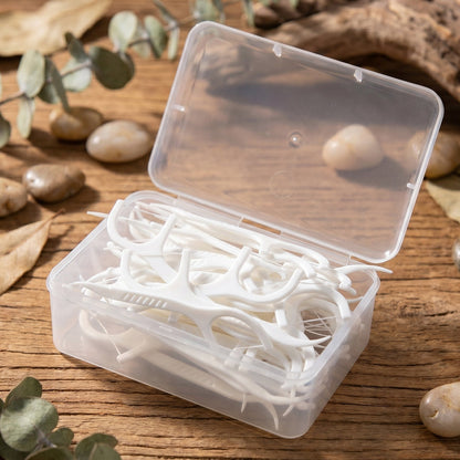 Portable case holding white dental floss & toothpick sticks