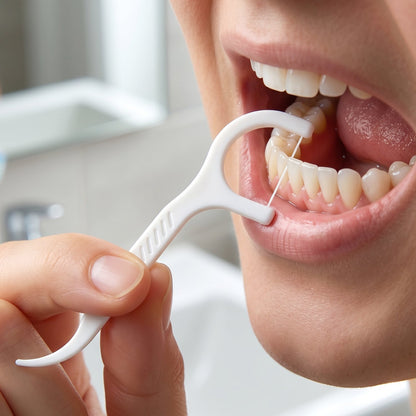 Person using floss pick for teeth cleaning