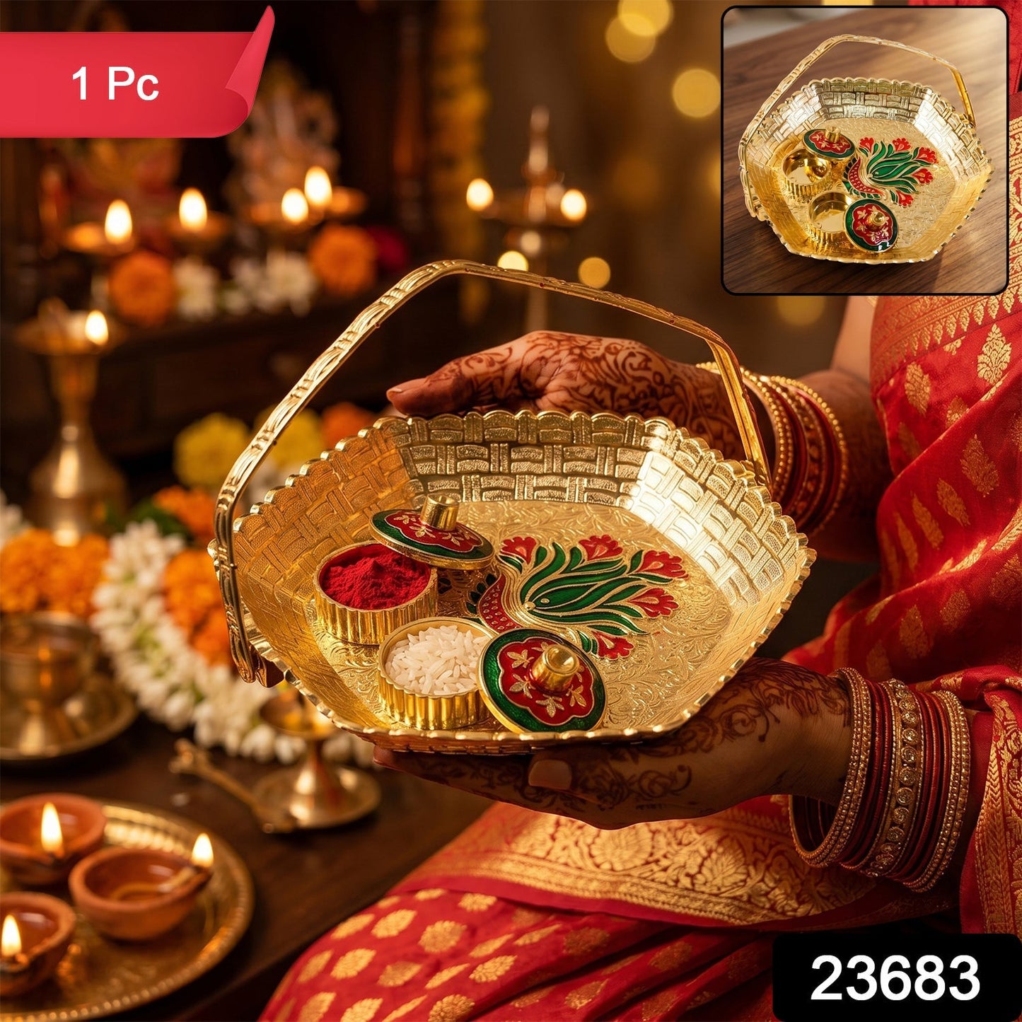 Kumkum kankavati basket with haldi, roli, and chawal containers
