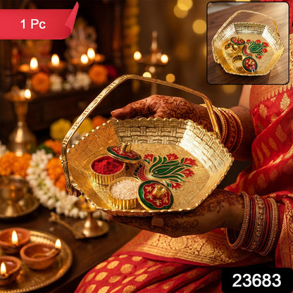 Kumkum kankavati basket with haldi, roli, and chawal containers