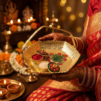 Meenakari work golden pooja basket with lidded containers