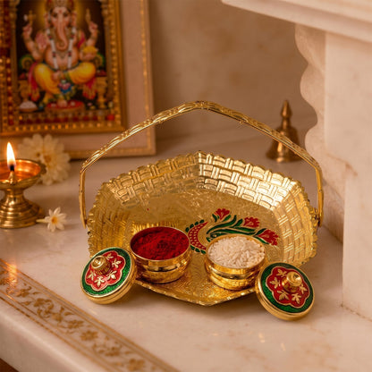 Kumkum kankavati holder in festive pooja setup