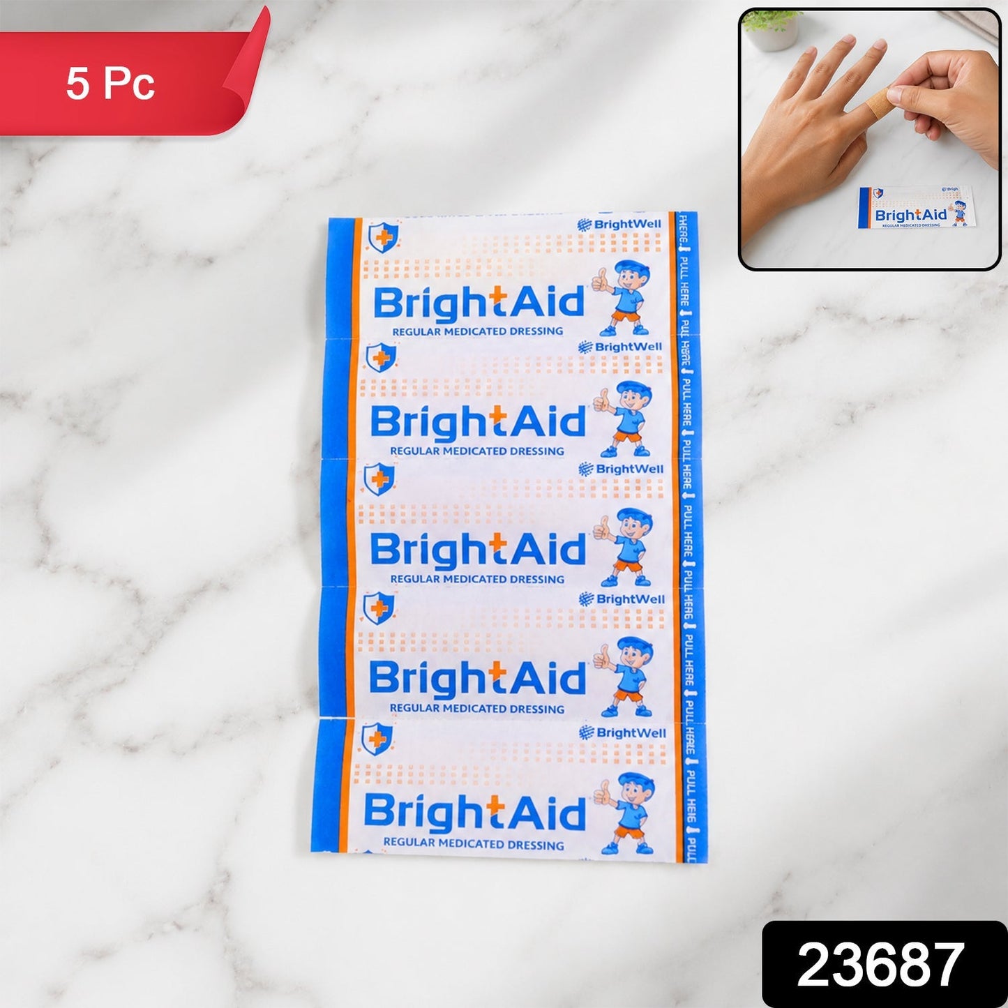 Close-up of BrightAid medicated adhesive bandages packaging.
