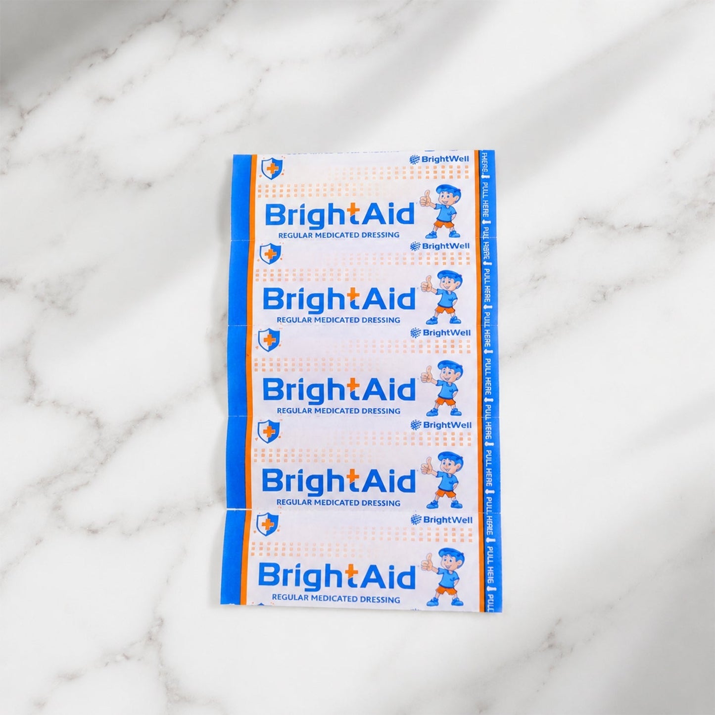 BrightAid medicated dressing strips in sterile packaging.